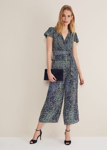 Phase Eight Leora Wrap Printed Plisse Jumpsuit Navy/Multicolor USA | 9280167-ZO